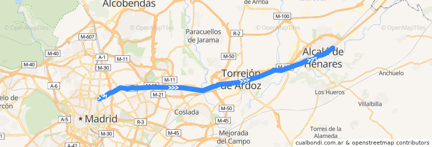 Mapa del recorrido Bus 223: Madrid (Avenida de América) → Torrejón de Ardoz → Alcalá de Henares de la línea  en Comunidad de Madrid.