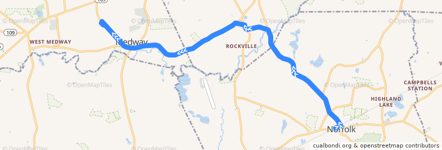 Mapa del recorrido GATRA Medway T Shuttle de la línea  en Norfolk County.