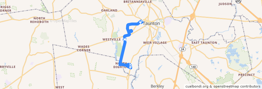Mapa del recorrido GATRA 1 Westside de la línea  en Taunton.