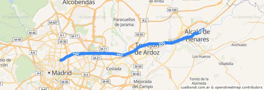 Mapa del recorrido Bus 223: Alcalá de Henares → Madrid (Avenida de América) de la línea  en منطقة مدريد.