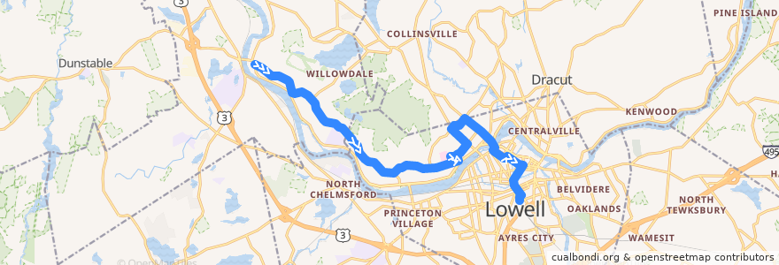 Mapa del recorrido LRTA 7 Lowell Regional Voke Tech - UMass Lowell North - Kennedy Center de la línea  en Middlesex County.