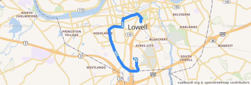 Mapa del recorrido LRTA 4 VA Clinic - Kennedy Center de la línea  en Lowell.