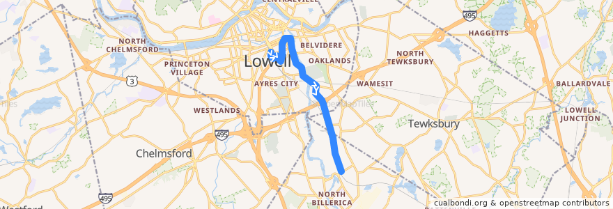 Mapa del recorrido LRTA 3 Kennedy Center - North Billerica Station de la línea  en Middlesex County.