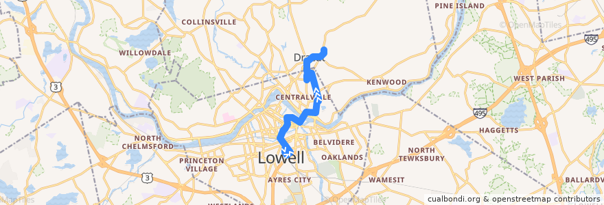 Mapa del recorrido LRTA 1 Kennedy Center - Sunrise Plaza - Village Square de la línea  en Lowell.