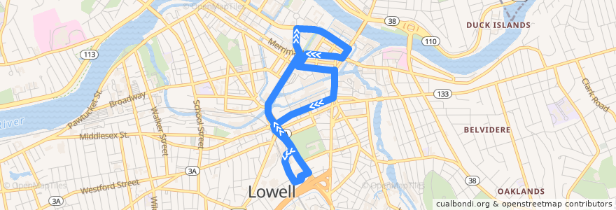 Mapa del recorrido LRTA 18 Downtown Shuttle de la línea  en Lowell.
