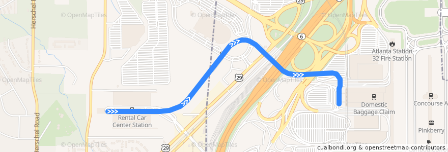 Mapa del recorrido ATL SkyTrain: Rental Car Center → Aeroport de la línea  en College Park.