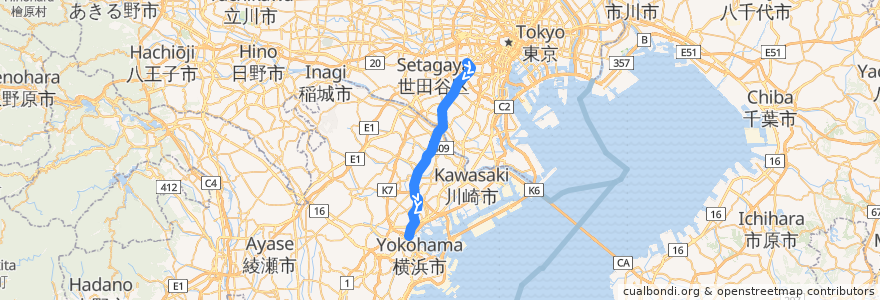 Mapa del recorrido 列車 東急東横線: 渋谷 => 横浜 de la línea  en Giappone.