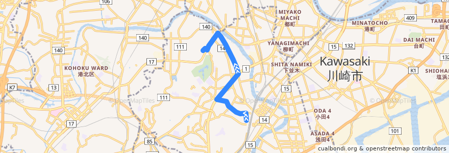 Mapa del recorrido 67系統 鶴見駅入口→梶山 de la línea  en 鶴見区.