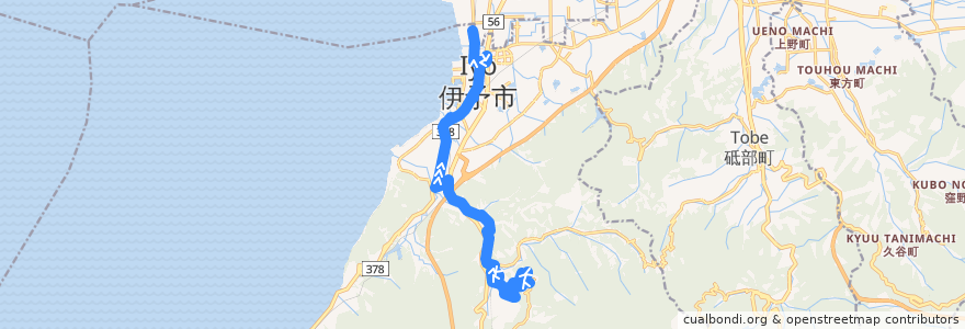 Mapa del recorrido 伊予市コミュニティバス 「あいくる」 平岡・新川線 (平岡 - 保健センター - ファミリーマート下吾川店) de la línea  en 伊予市.