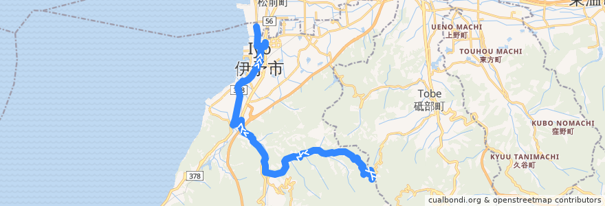 Mapa del recorrido 伊予市コミュニティバス 「あいくる」 鵜崎・新川線 (鵜崎 - 保健センター - ファミリーマート下吾川店) de la línea  en 愛媛県.