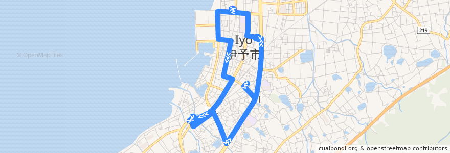 Mapa del recorrido 伊予市コミュニティバス 「あいくる」 市街地循環線 左回り (保健センター - 米湊わたなべクリニック前 - 保健センター) de la línea  en 伊予市.