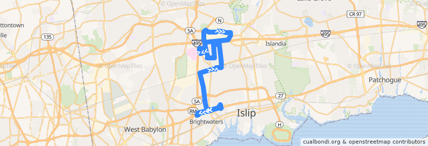 Mapa del recorrido SCT 3A de la línea  en Suffolk County.