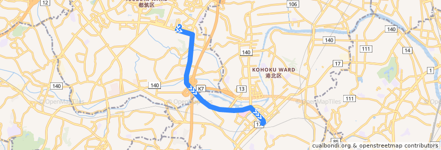 Mapa del recorrido 300系統 仲町台駅→鳥山大橋→新横浜駅前 de la línea  en Yokohama.