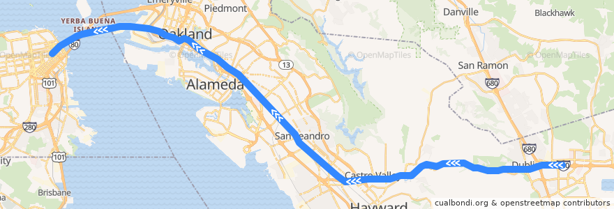 Mapa del recorrido BART Blue Line: Dublin/Pleasanton => Montgomery Street (Sundays) de la línea  en Condado de Alameda.