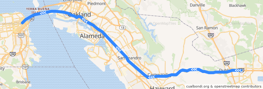 Mapa del recorrido BART Blue Line: Dublin/Pleasanton => Montgomery Street (Sundays) de la línea  en شهرستان آلامدا، کالیفرنیا.