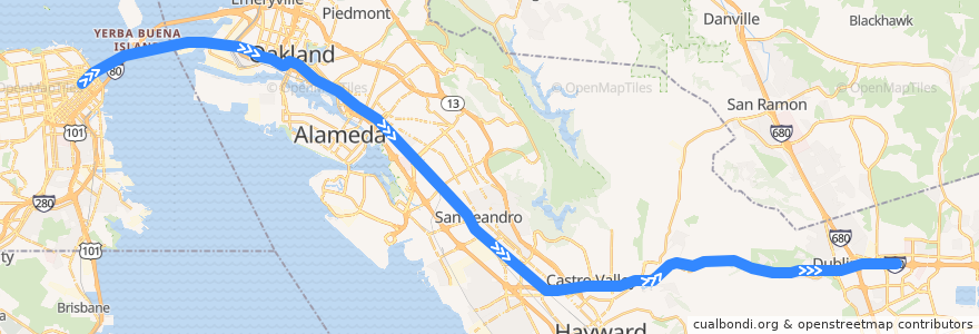 Mapa del recorrido BART Blue Line: Montgomery Street => Dublin/Pleasanton (Sundays) de la línea  en Contea di Alameda.