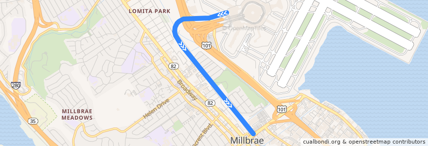 Mapa del recorrido BART Purple Line: SFO Airport => Millbrae de la línea  en San Mateo County.