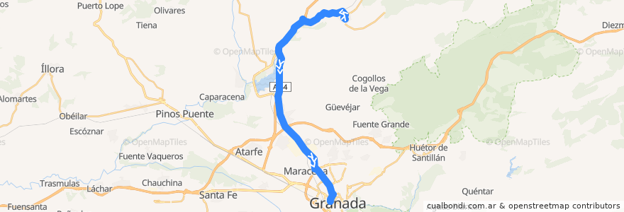 Mapa del recorrido Bus 0215: Deifontes → Granada de la línea  en Comarca de la Vega de Granada.