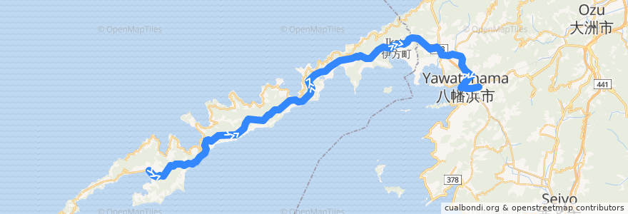 Mapa del recorrido 三崎線 (三崎港口 - 八幡浜駅前) de la línea  en 愛媛県.