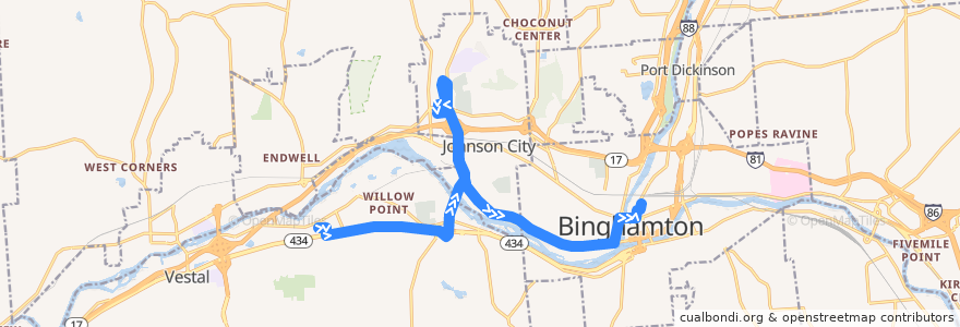 Mapa del recorrido B.C. Transit 57 Shoppers Special (inbound weekends) de la línea  en Broome County.