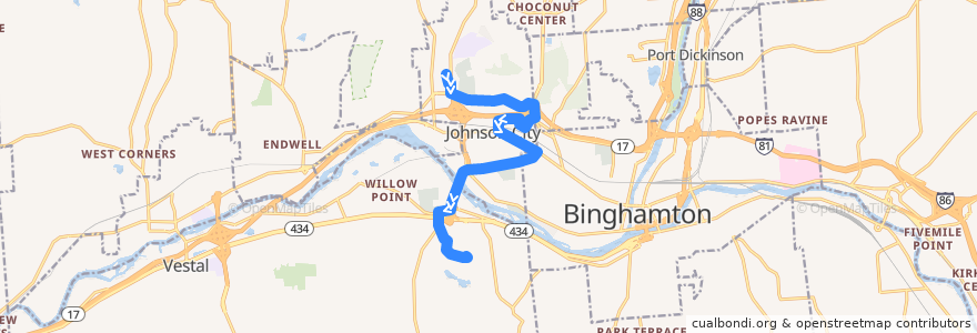 Mapa del recorrido B.C. Transit 17 Johnson City (inbound from Oakdale Mall via Johnson City Walmart) de la línea  en Broome County.