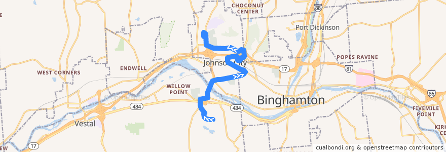 Mapa del recorrido B.C. Transit 17 Johnson City (outbound to Oakdale Mall via Johnson City Walmart) de la línea  en Broome County.