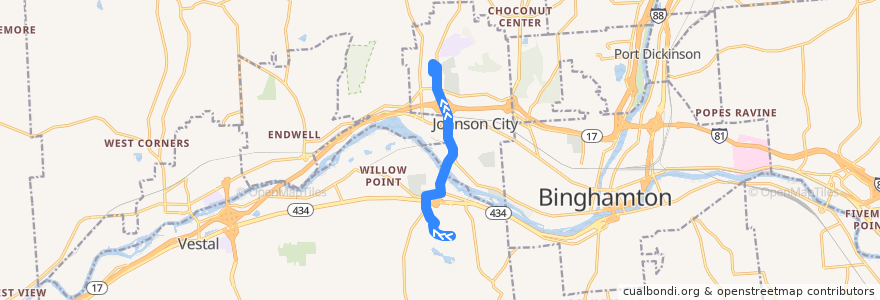 Mapa del recorrido B.C. Transit 17 Johnson City (outbound to Oakdale Mall) de la línea  en Broome County.