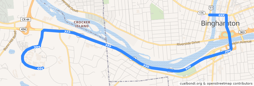 Mapa del recorrido B.C. Transit 16 BU Express (inbound) de la línea  en Broome County.