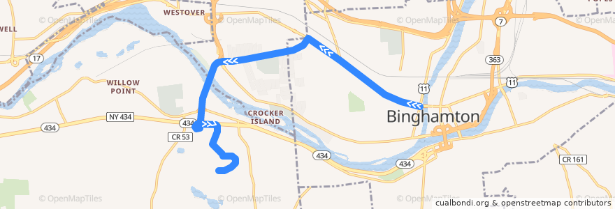 Mapa del recorrido B.C. Transit 16 BU Express (outbound) de la línea  en Broome County.