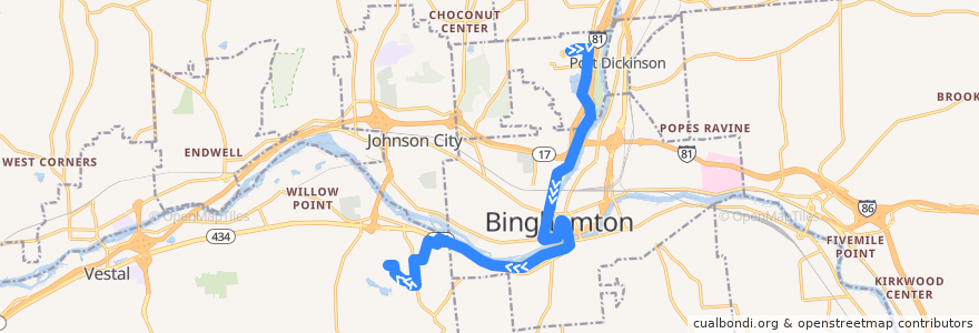 Mapa del recorrido B.C. Transit 9 BU-SUNY Broome Advantage (inbound) de la línea  en Broome County.