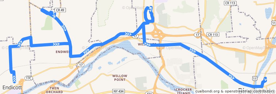 Mapa del recorrido B.C. Transit 35 Endicott-Binghamton (inbound Endwell Shuttle) de la línea  en Union Town.