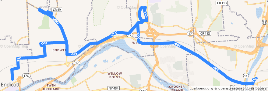 Mapa del recorrido B.C. Transit 35 Endicott-Binghamton (outbound Endwell Shuttle) de la línea  en Union Town.