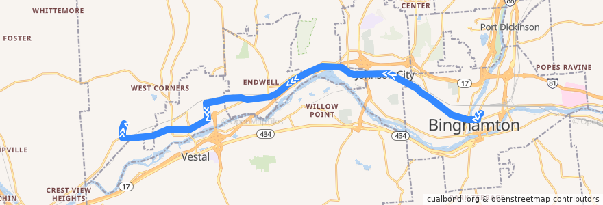 Mapa del recorrido B.C. Transit 35 Endicott-Binghamton (outbound express) de la línea  en Union Town.