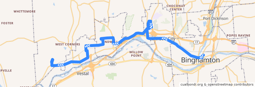 Mapa del recorrido B.C. Transit 35 Endicott-Binghamton (outbound via Watson Boulevard/Country Club Road) de la línea  en Union Town.