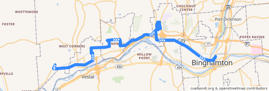 Mapa del recorrido B.C. Transit 35 Endicott-Binghamton (inbound via Watson Boulevard/Country Club Road) de la línea  en Union Town.