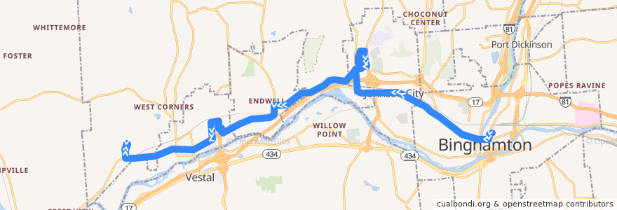 Mapa del recorrido B.C. Transit 35 Endicott-Binghamton (outbound via Main Street, Endwell) de la línea  en Union Town.