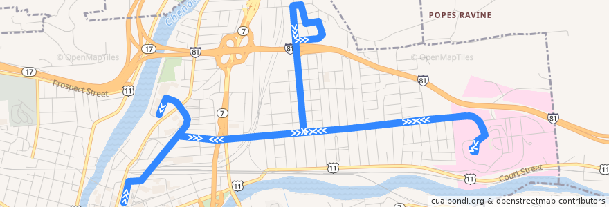 Mapa del recorrido B.C. Transit 28/40 combo (outbound) de la línea  en Binghamton.