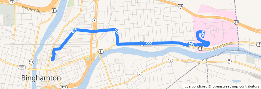 Mapa del recorrido B.C. Transit 28 Robinson Street (inbound via Court Street) de la línea  en Binghamton.