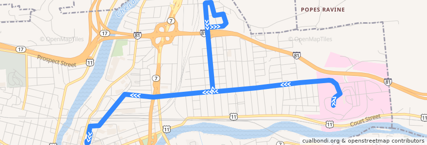 Mapa del recorrido B.C. Transit 28 Robinson Street (inbound via Robinson Street) de la línea  en Binghamton.