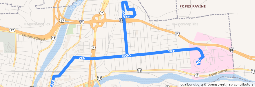Mapa del recorrido B.C. Transit 28 Robinson Street (outbound) de la línea  en Binghamton.