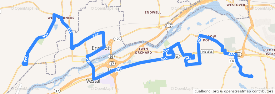 Mapa del recorrido B.C. Transit 47 West Corners Shuttle (inbound) de la línea  en Broome County.