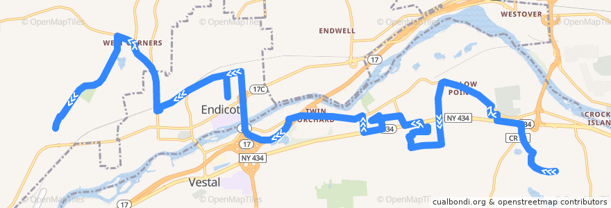 Mapa del recorrido B.C. Transit 47 West Corners Shuttle (outbound) de la línea  en Broome County.