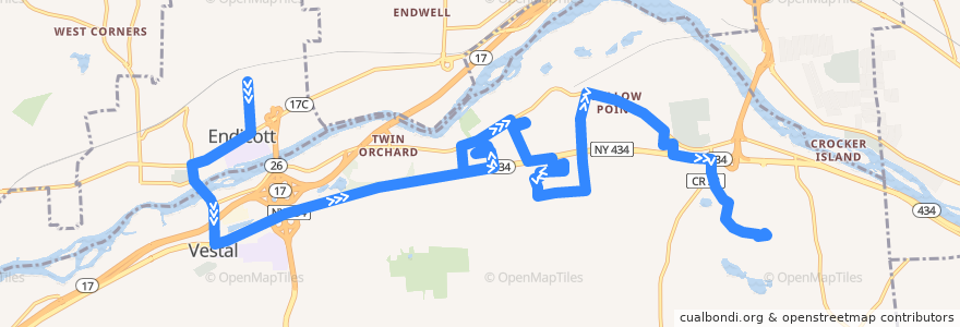 Mapa del recorrido B.C. Transit 47 Vestal-Endicott (inbound) de la línea  en Vestal Town.