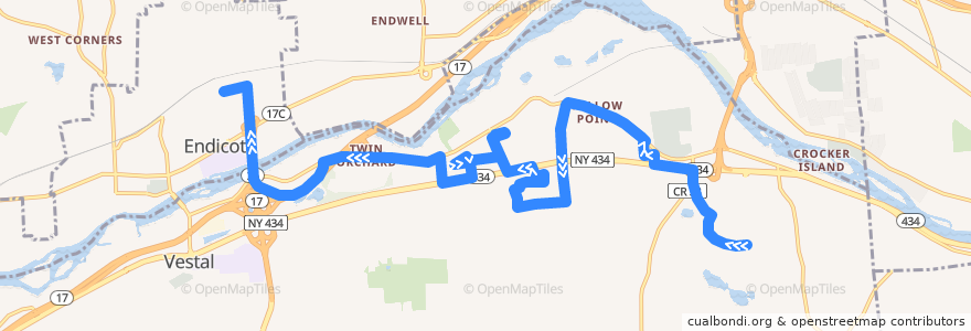 Mapa del recorrido B.C. Transit 47 Vestal-Endicott (outbound) de la línea  en Vestal Town.