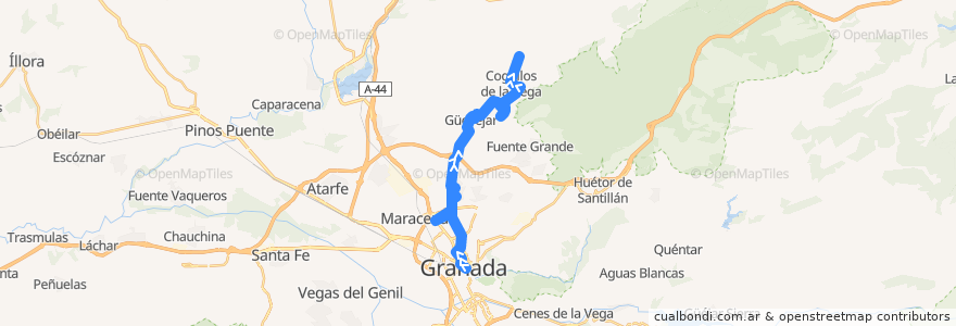 Mapa del recorrido Bus 0305: Granada → Pulianas → Güevéjar → Nívar → Cogollos de la Vega de la línea  en Comarca de la Vega de Granada.