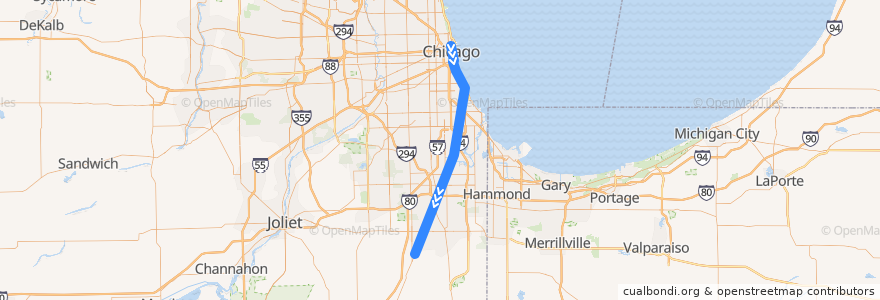 Mapa del recorrido Metra Electric District: Millennium Station => University Park de la línea  en 伊利诺伊州 / 伊利諾州.