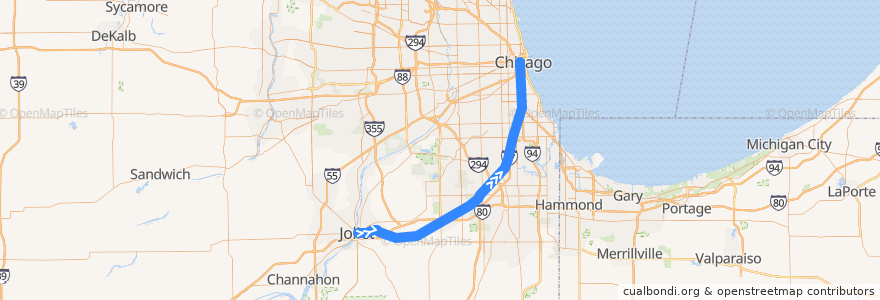 Mapa del recorrido Metra Rock Island District: LaSalle Street => Longwood => Joliet de la línea  en 伊利诺伊州 / 伊利諾州.