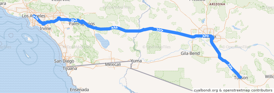 Mapa del recorrido Flixbus 2201: Los Angeles => Tucson de la línea  en الولايات المتّحدة الأمريكيّة.