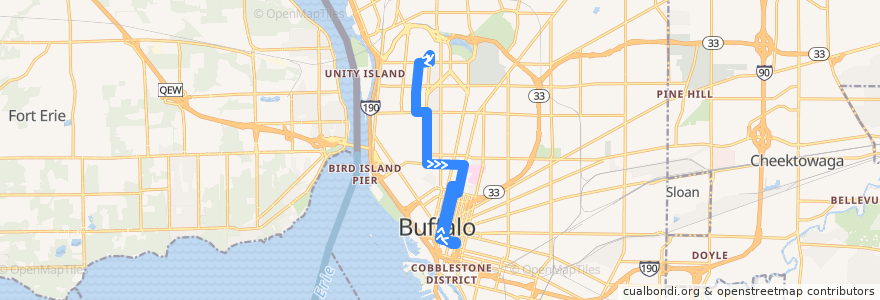 Mapa del recorrido NFTA 7A Baynes-Richmond de la línea  en Buffalo.