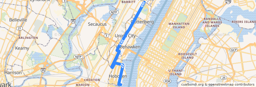 Mapa del recorrido NJTB - 22 - North Bergen to Hoboken de la línea  en Hudson County.